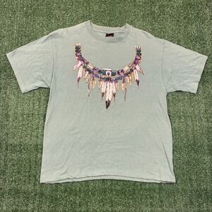 Vintage 90s Diamond Dust Sage Green Tribal Feather‎ Graphic Tee